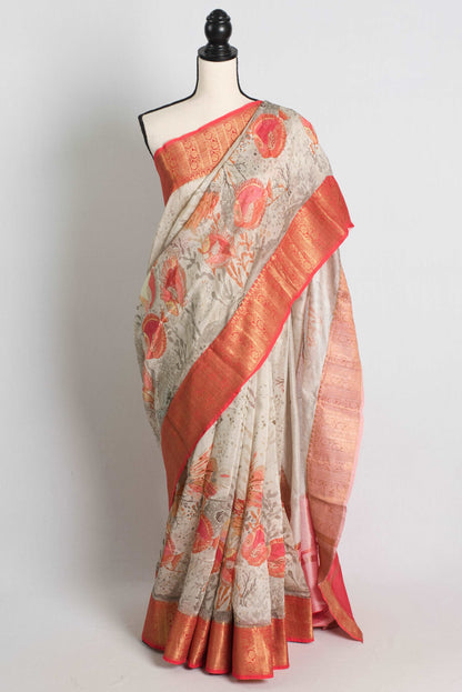 Fish Printed Chanderi Cotton Silk Banarasi Saree in Light Gray