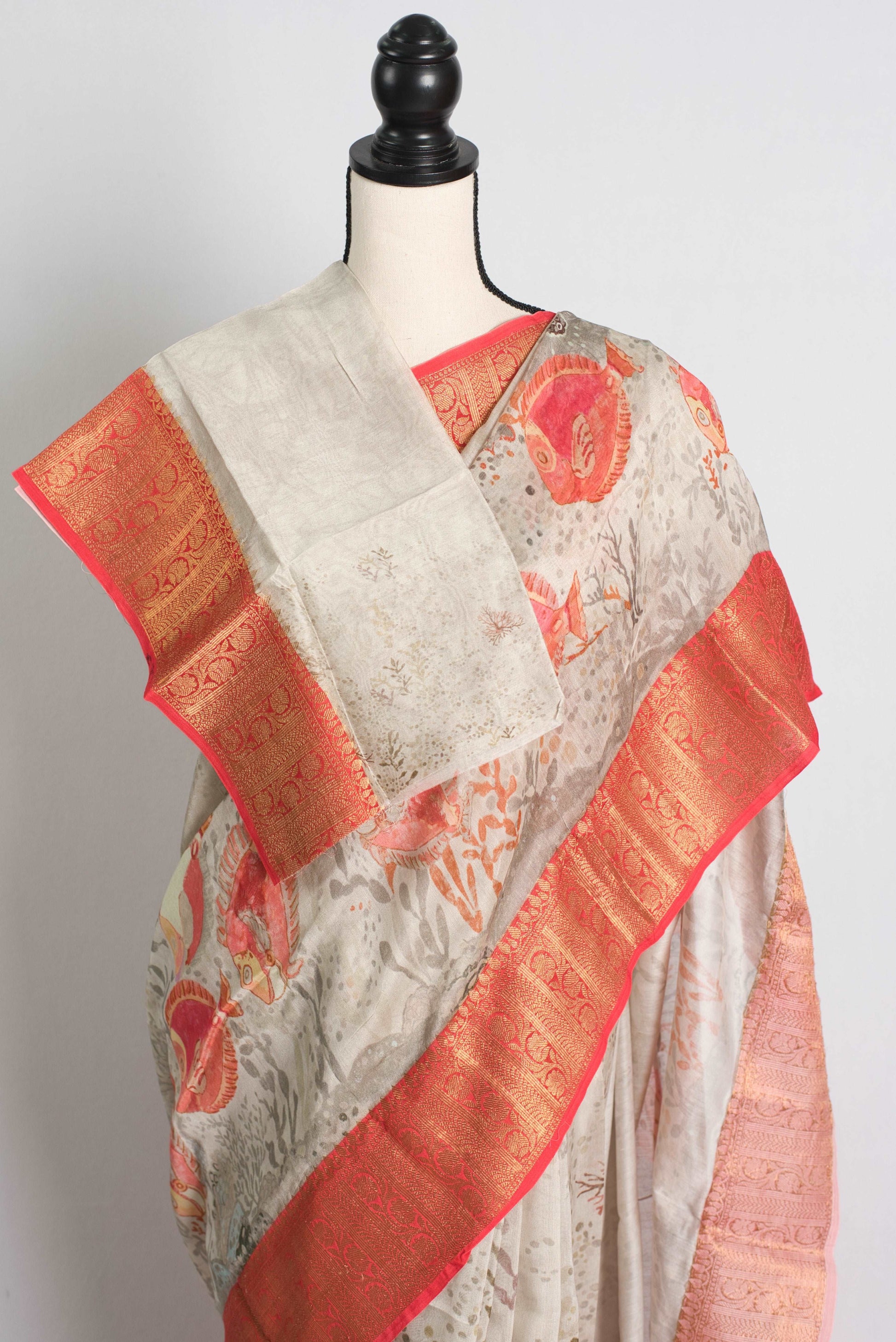 Fish Printed Chanderi Cotton Silk Banarasi Saree in Light Gray