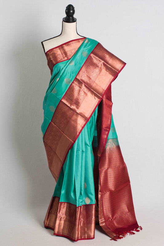 Kanjivaram Silk Saree in Rama Green and Maroon with Light Gold Zari