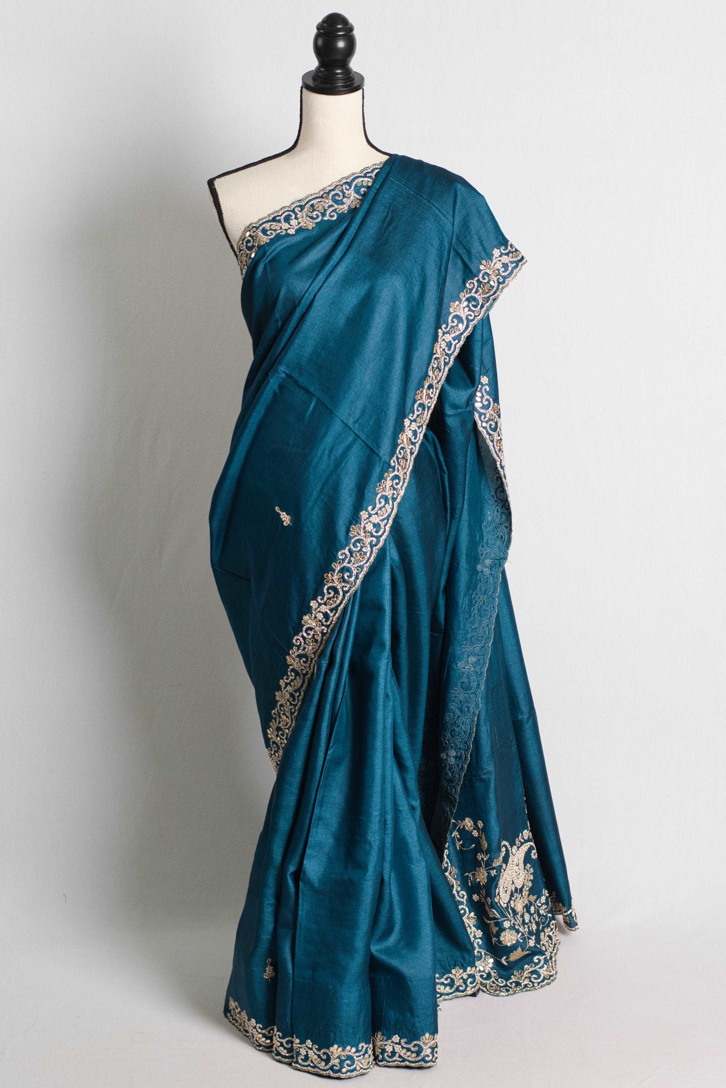 Gota Patti Stone Setting Embroidery Premium Quality Tussar Silk Saree in Blue