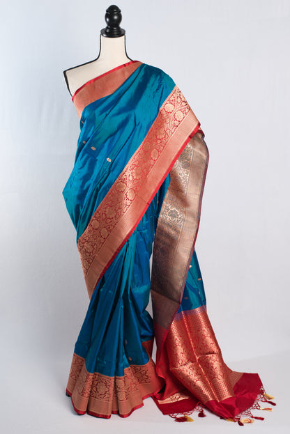 Silk Mark Certified Katan Banarasi Saree in Peacock Blue and Red