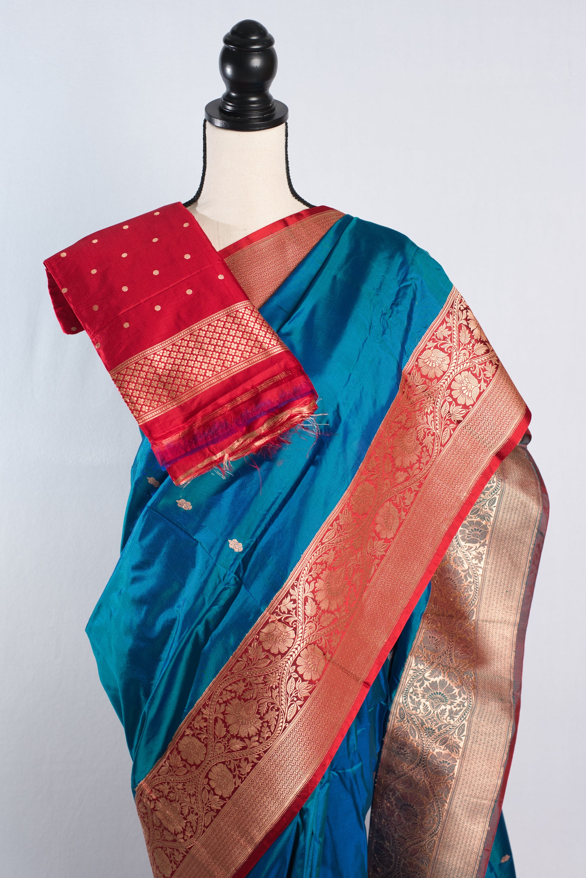 Silk Mark Certified Katan Banarasi Saree in Peacock Blue and Red