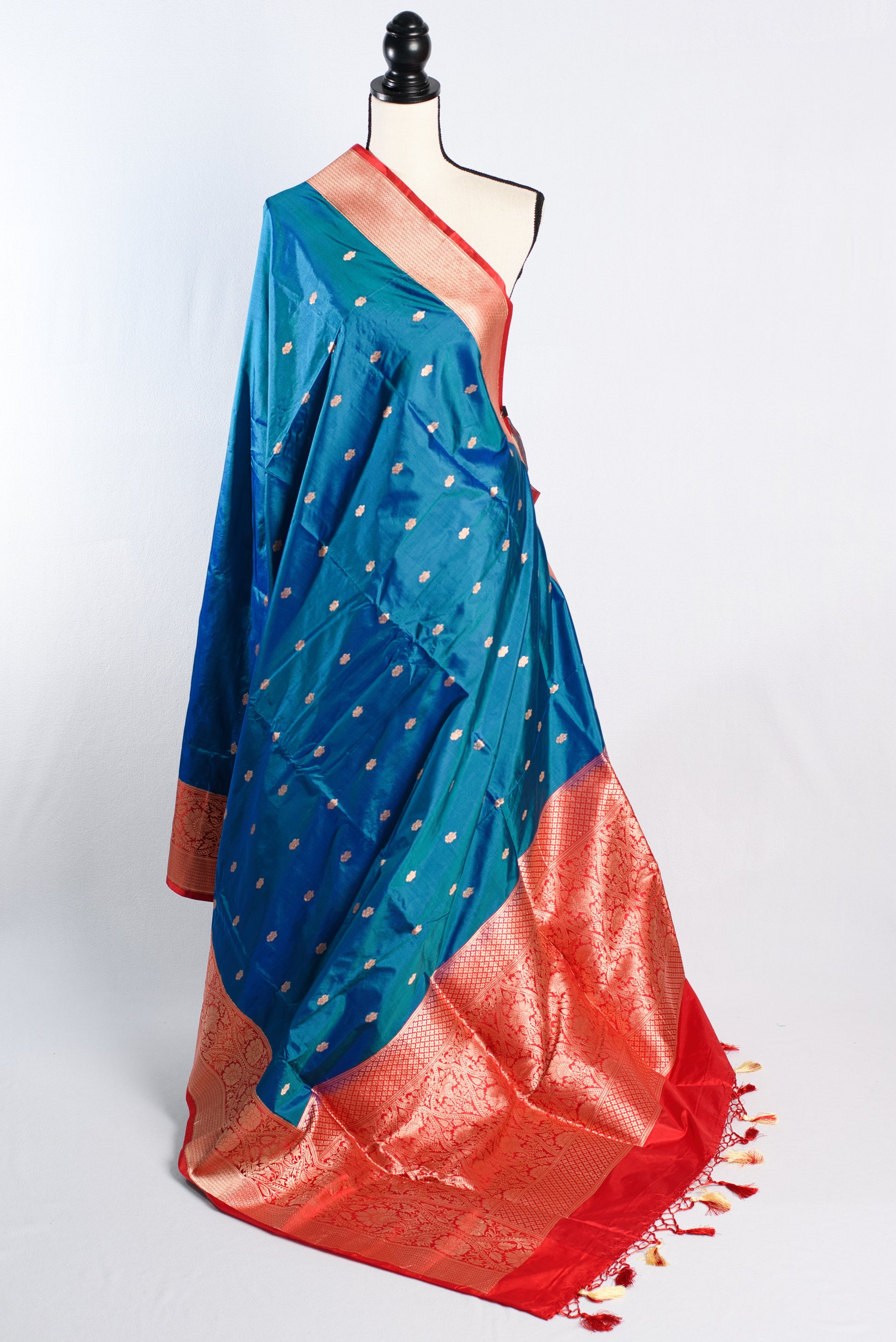 Silk Mark Certified Katan Banarasi Saree in Peacock Blue and Red