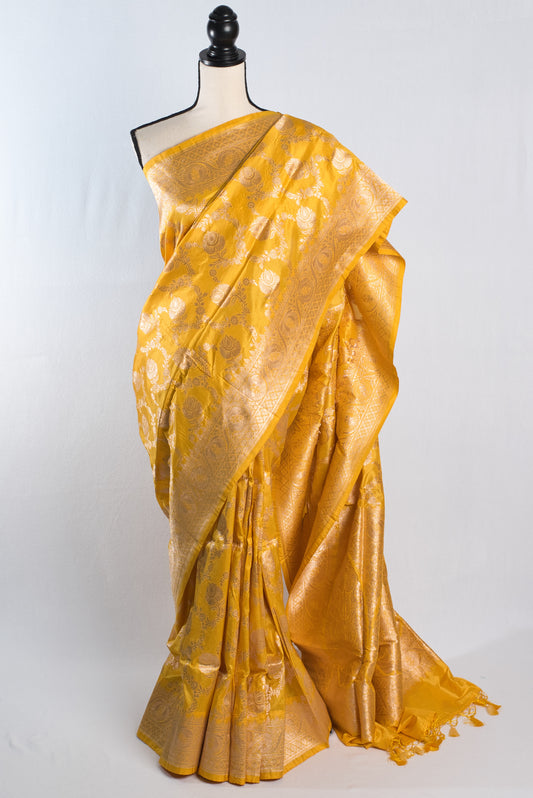 Silk Mark Certified Jangla Banarasi Saree in Bright Yellow