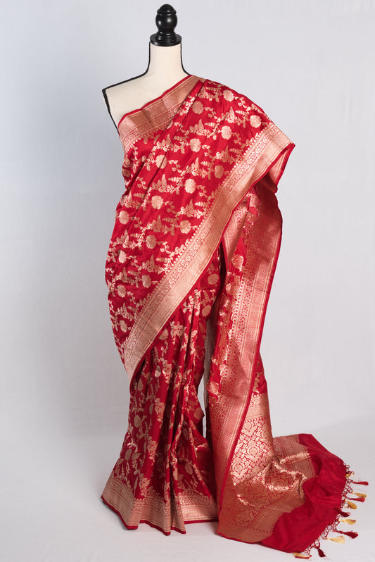 Silk Mark Certified Jaal Work Red Bridal Silk Banarasi Saree