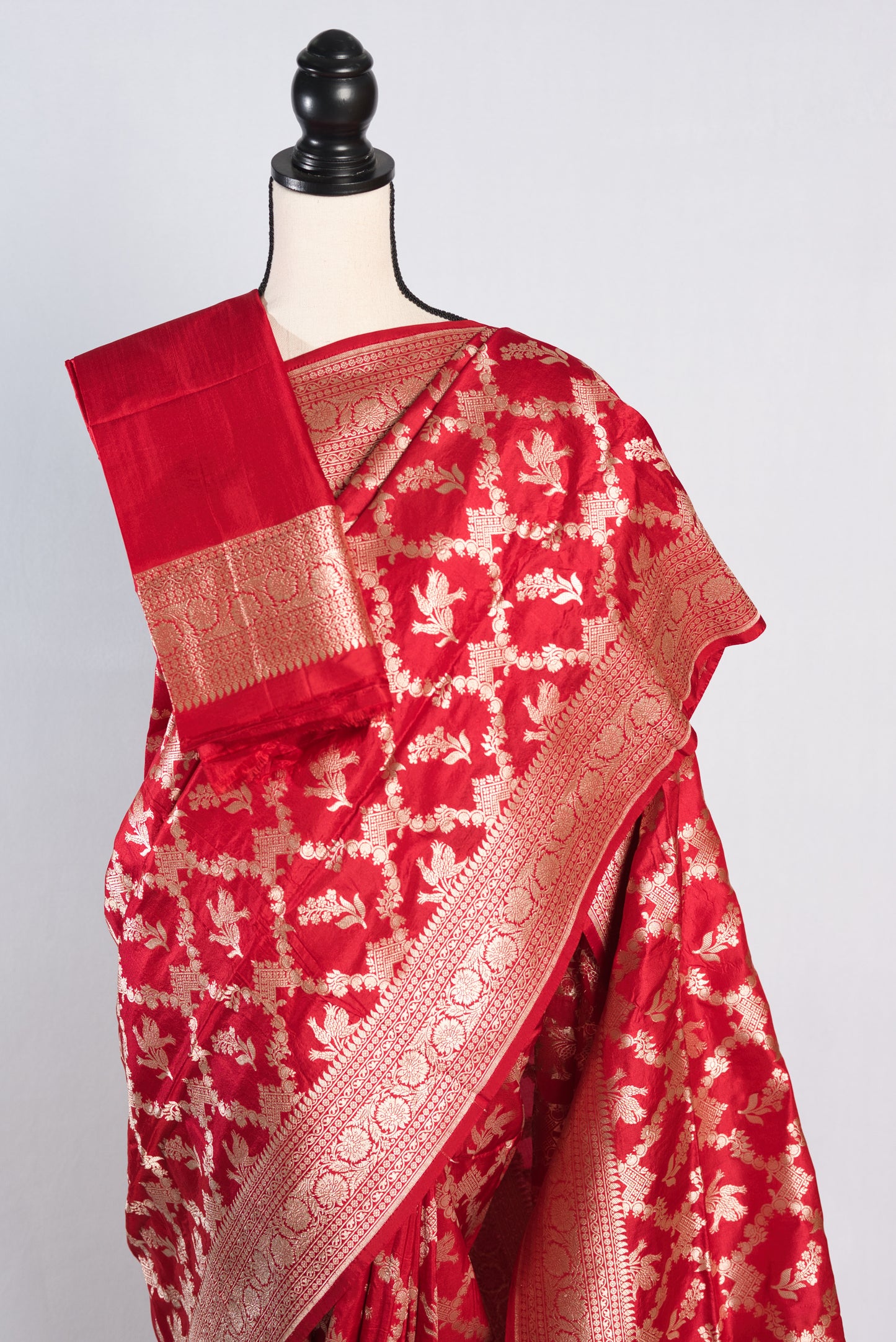 Silk Mark Certified Red Bridal Jangla Katan Banarasi Silk Saree