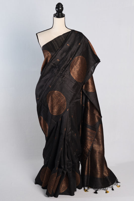 Silk Mark Certified Tussar Banarasi Saree in Black and Copper