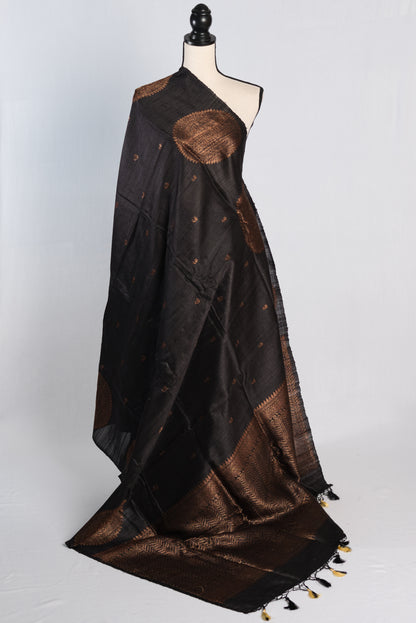 Silk Mark Certified Tussar Banarasi Saree in Black and Copper