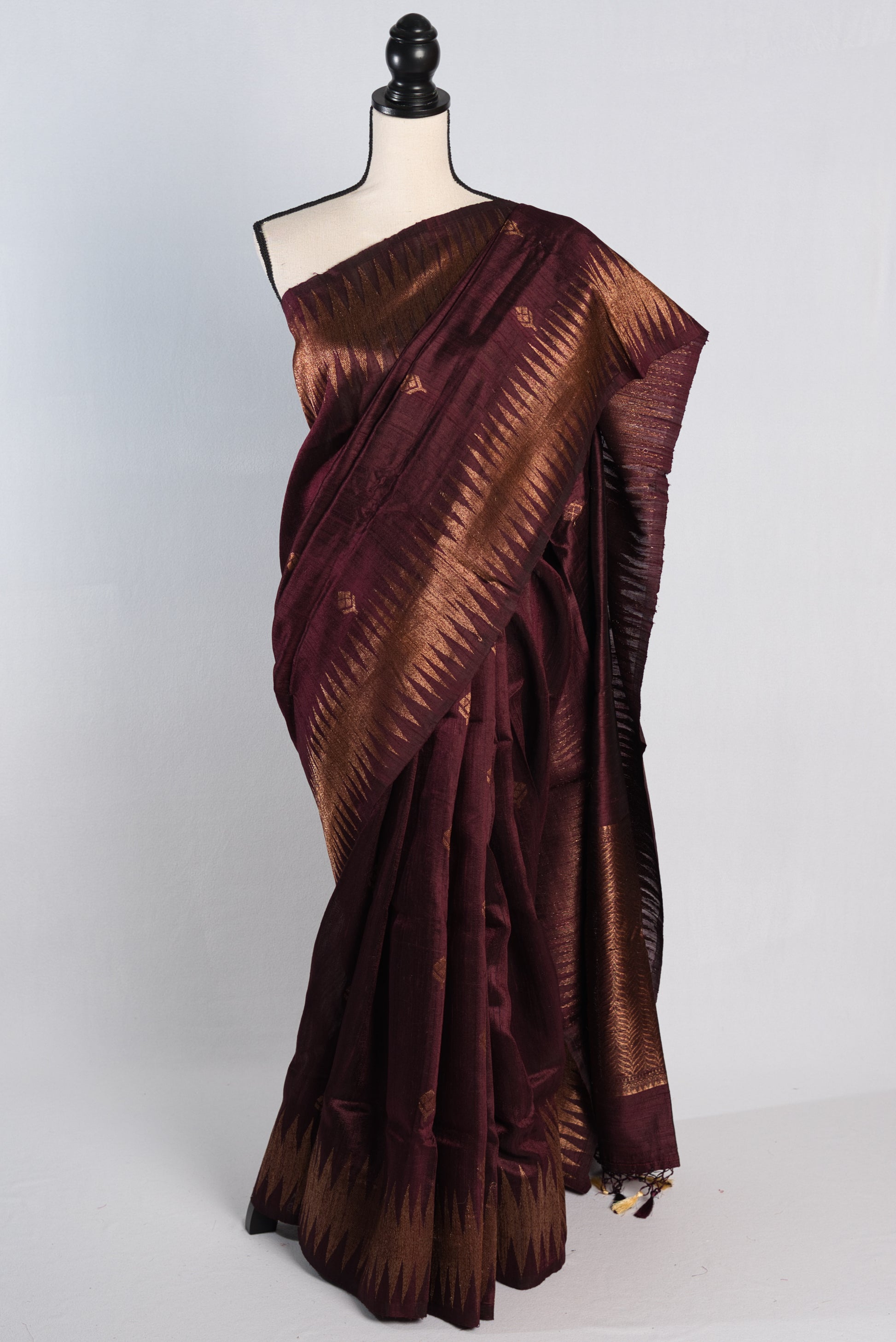 Silk Mark Certified Tussar Banarasi Saree in Burgundy and Copper