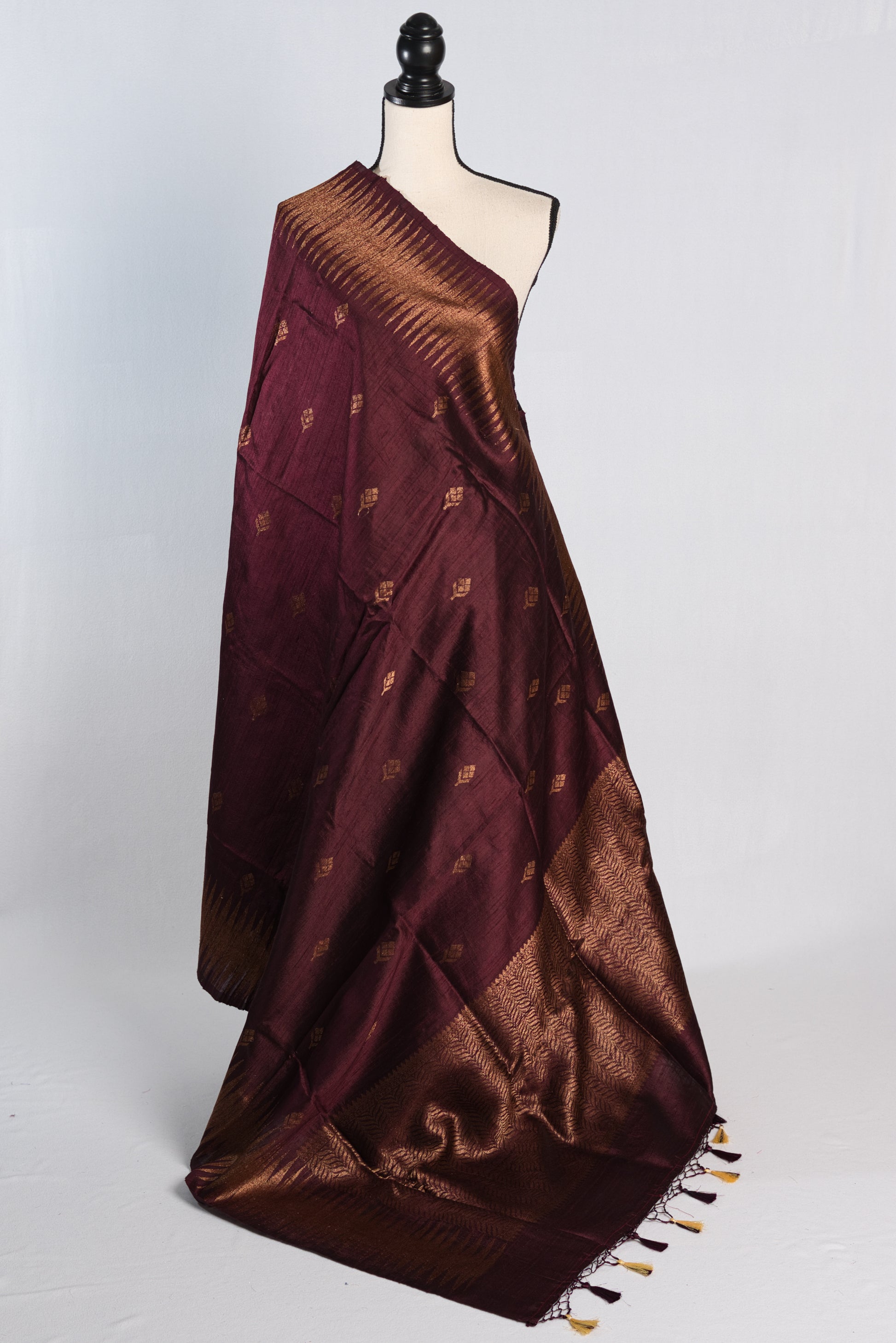 Silk Mark Certified Tussar Banarasi Saree in Burgundy and Copper