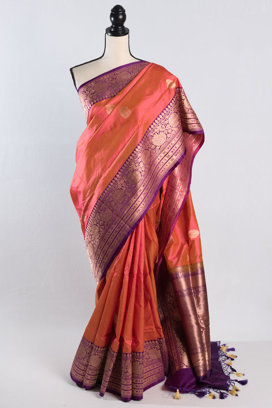 Silk Mark Certified Coral Pink Katan Banarasi Silk Saree.