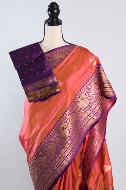 Silk Mark Certified Coral Pink Katan Banarasi Silk Saree.