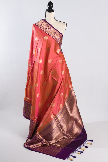 Silk Mark Certified Coral Pink Katan Banarasi Silk Saree.