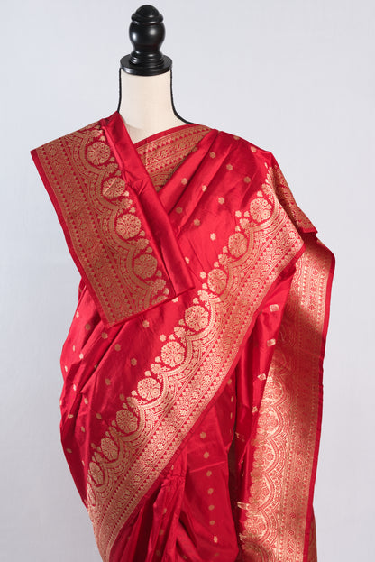 Silk Mark Certified Bridal Banarasi Silk Saree in Red and Gold.