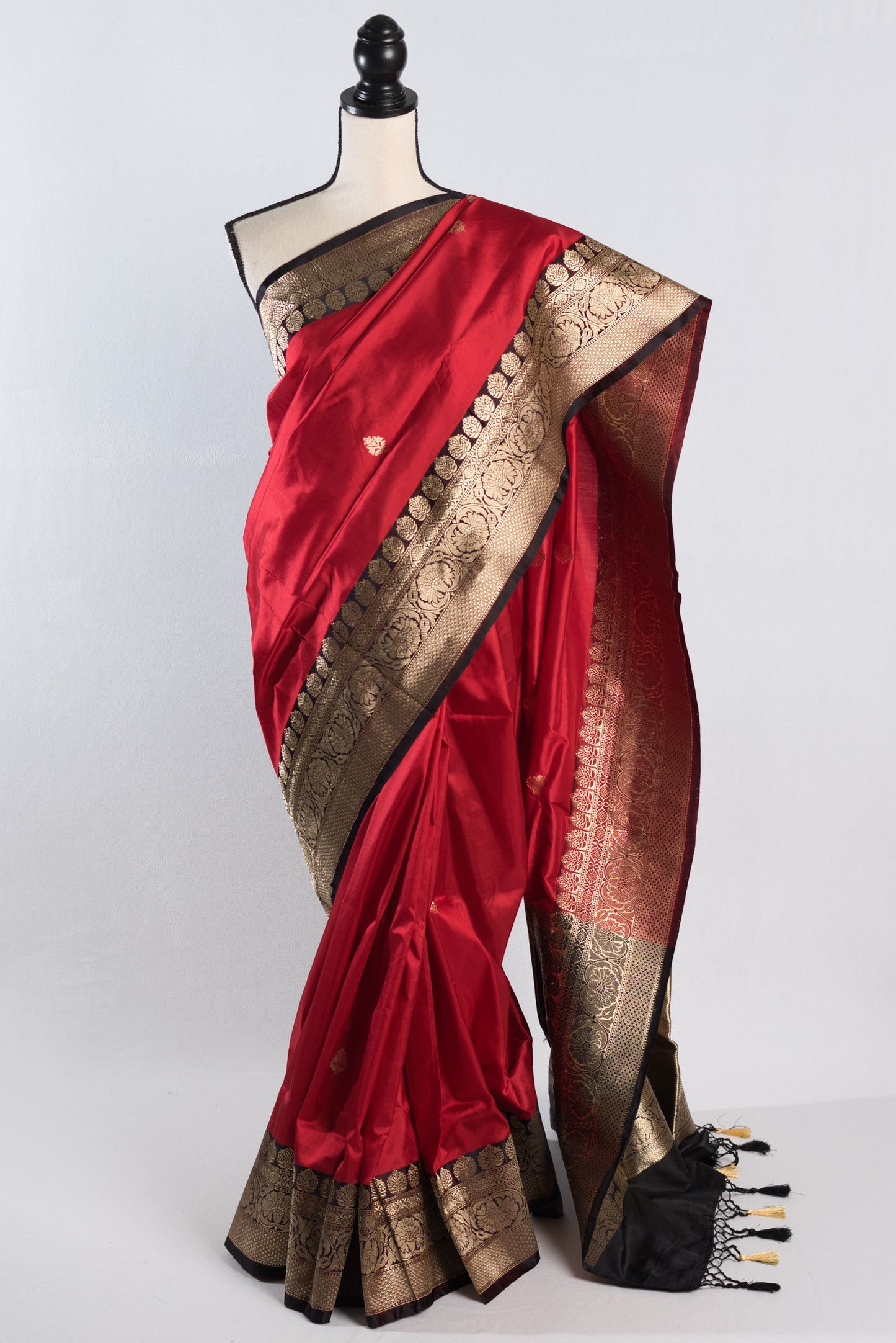 Silk Mark Certified Banarasi Silk Saree in Red Black and Water Gold Zari.