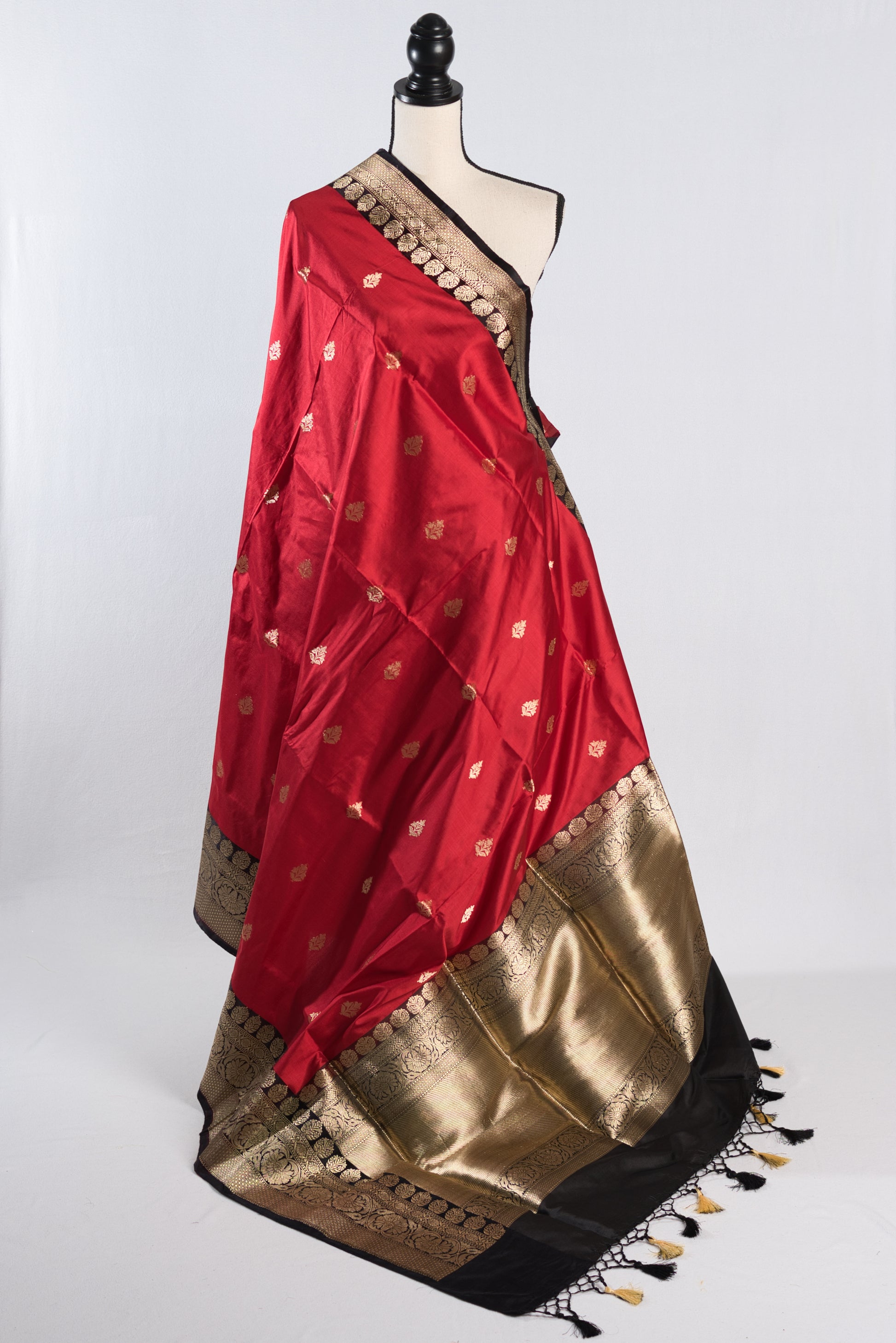 Silk Mark Certified Banarasi Silk Saree in Red Black and Water Gold Zari.