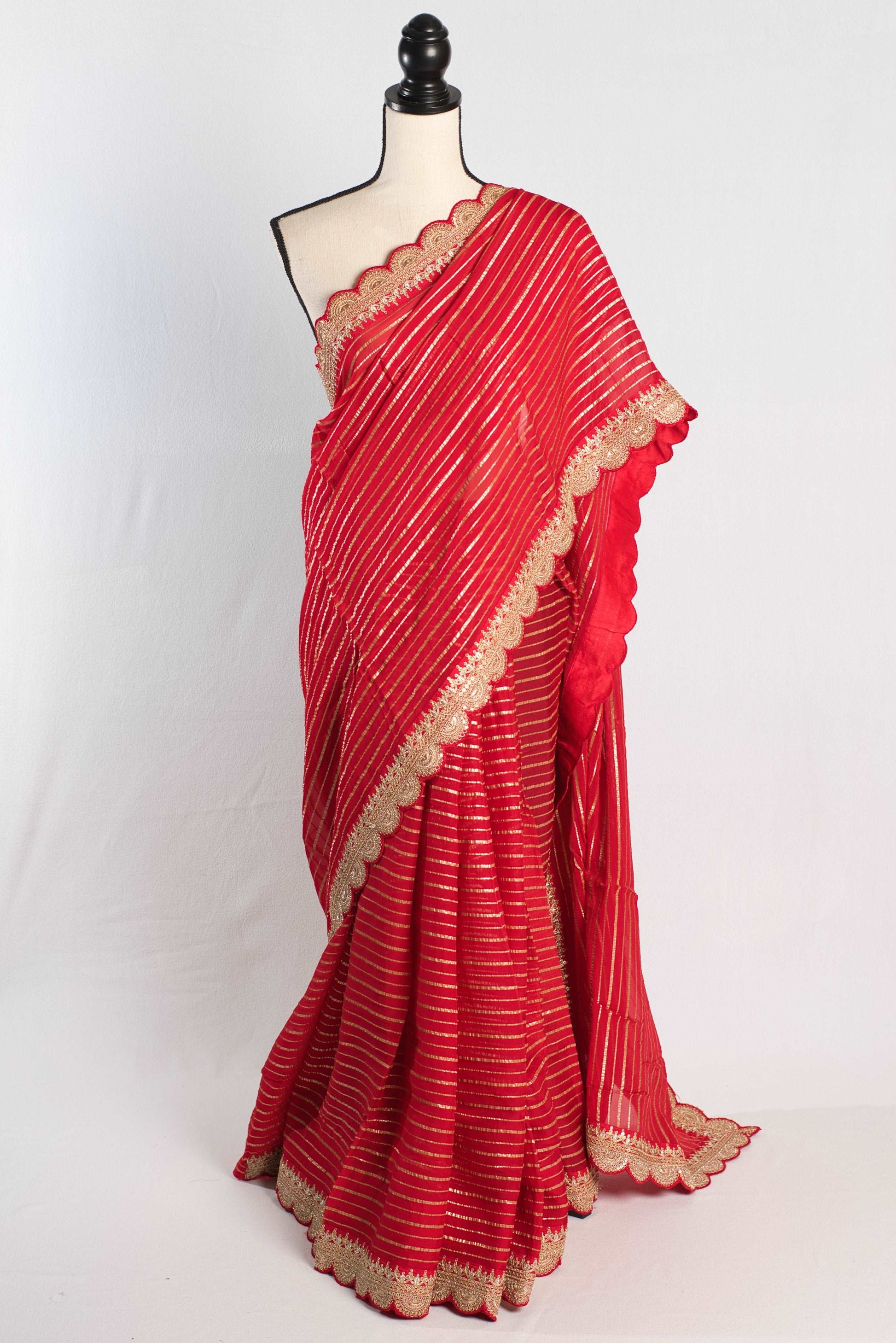 Red Georgette Saree with Golden Stripes and Designer Border