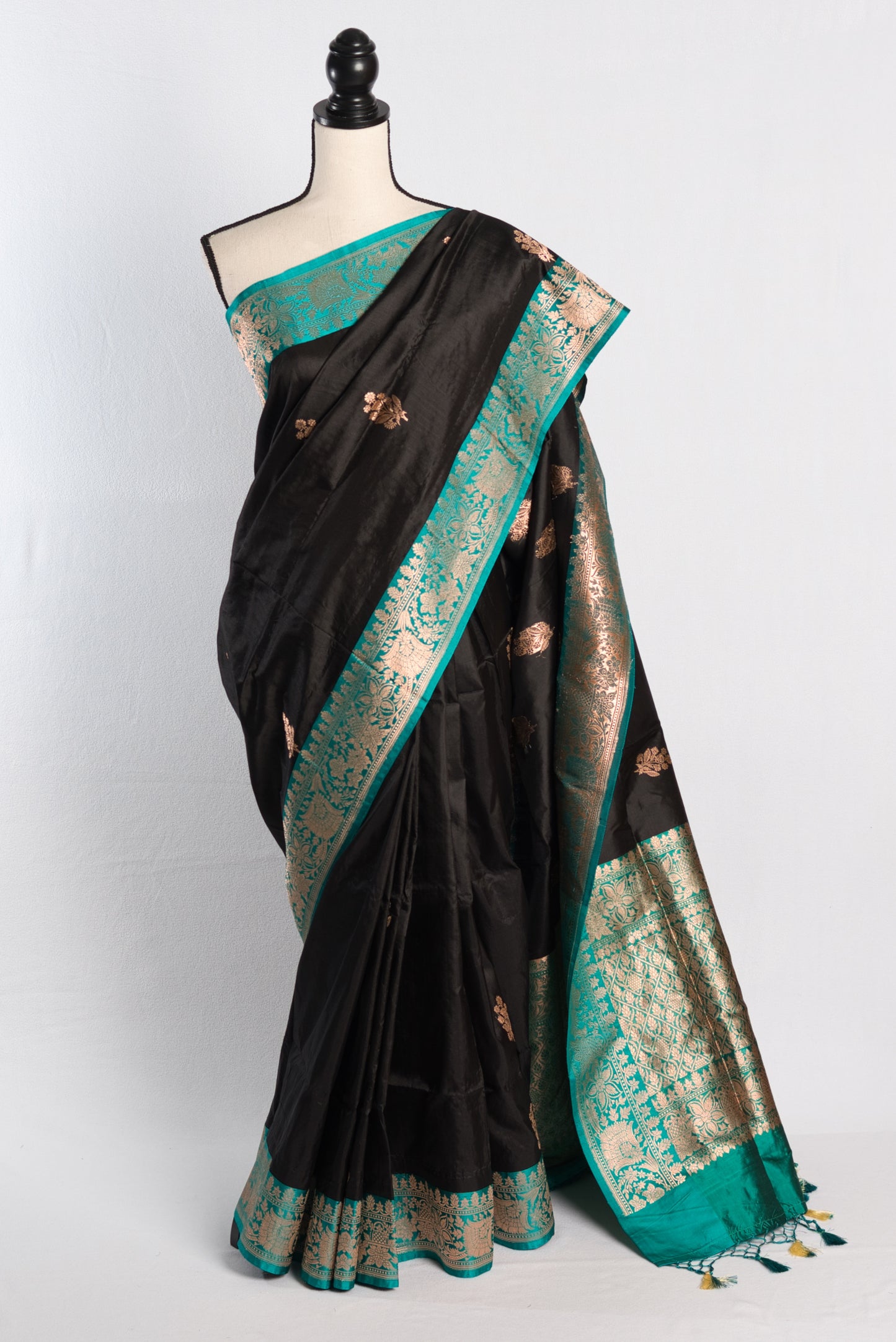 Silk Mark Certified Black Banarasi Silk Saree with 40 Size Stitched Blouse