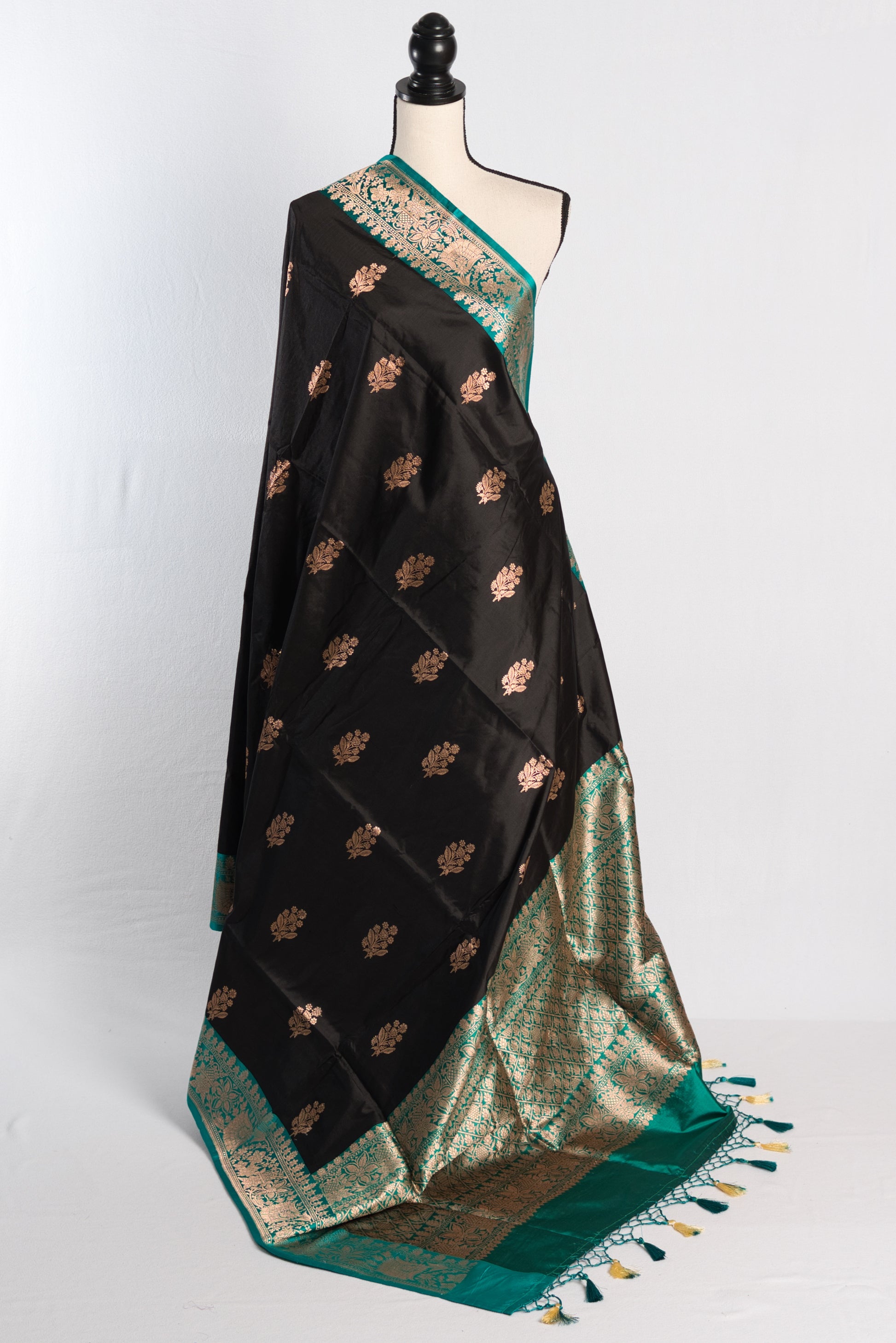 Silk Mark Certified Black Banarasi Silk Saree with 40 Size Stitched Blouse