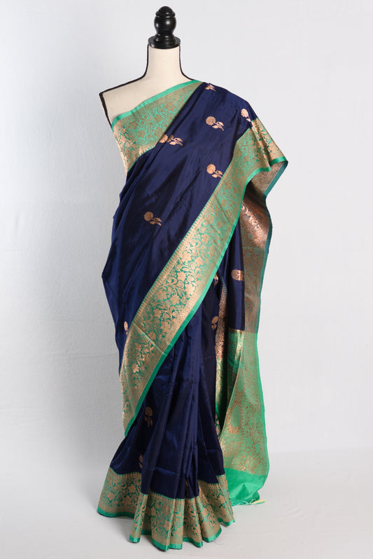 Silk Mark Certified Dark Blue Banarasi Silk Saree with 38 Size Stitched Blouse