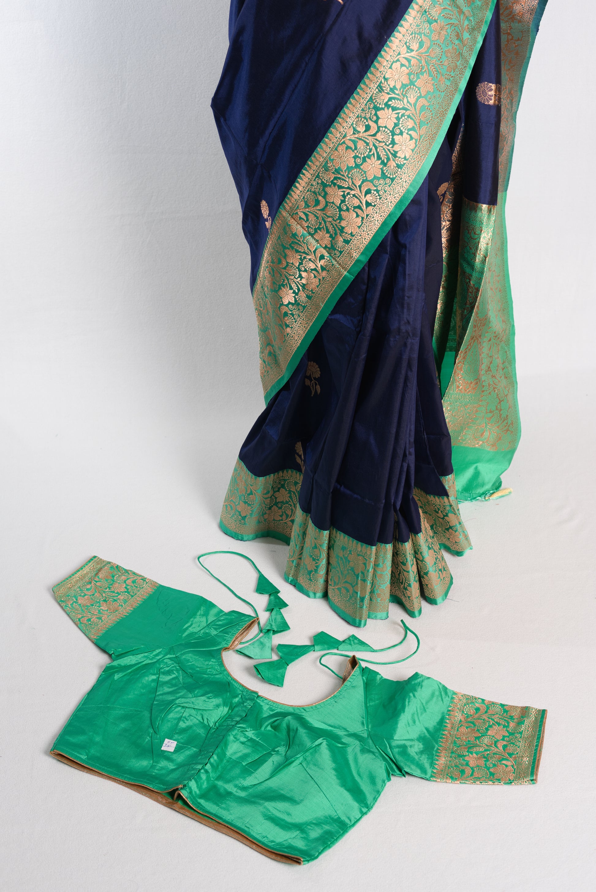 Silk Mark Certified Dark Blue Banarasi Silk Saree with 38 Size Stitched Blouse