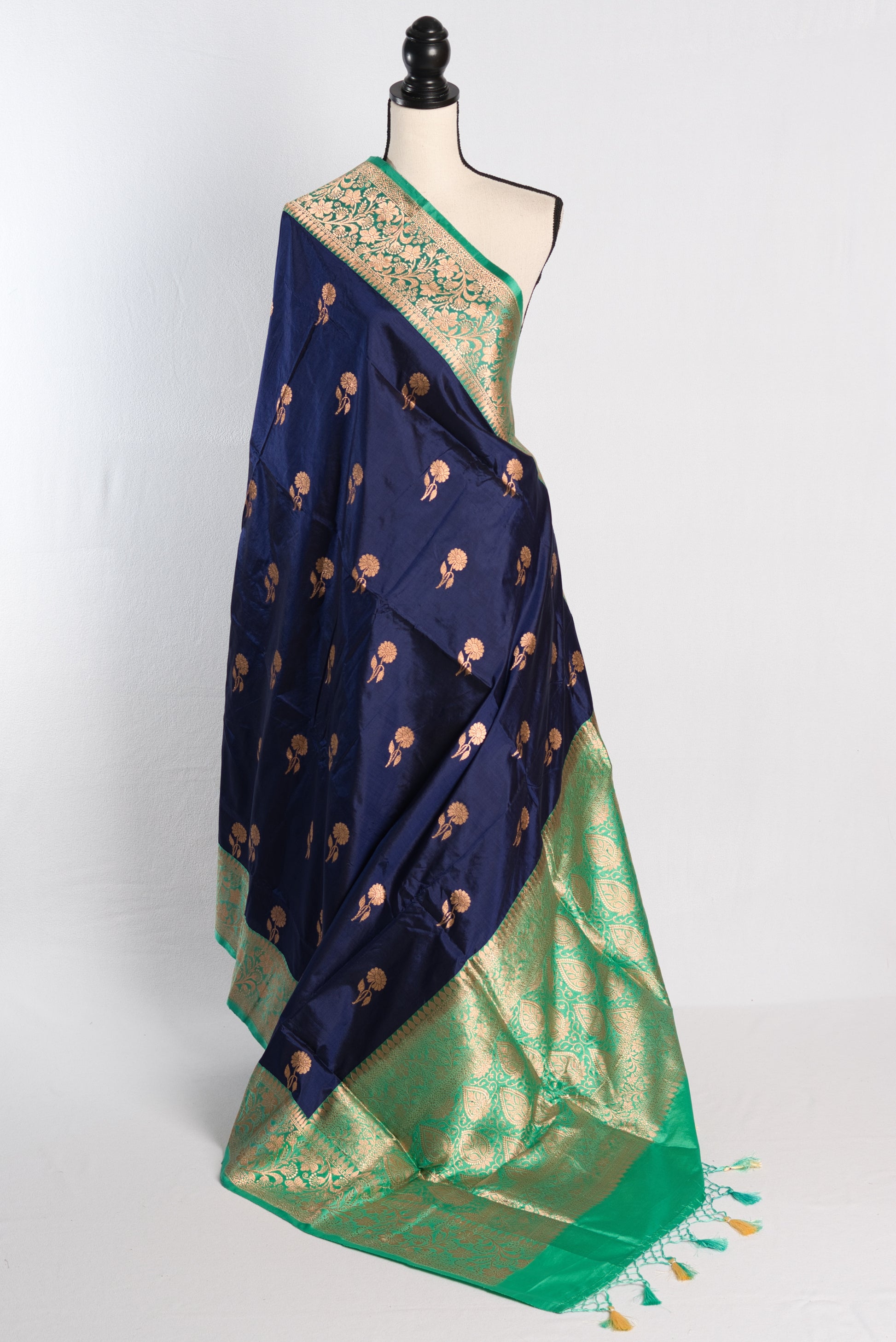 Silk Mark Certified Dark Blue Banarasi Silk Saree with 38 Size Stitched Blouse