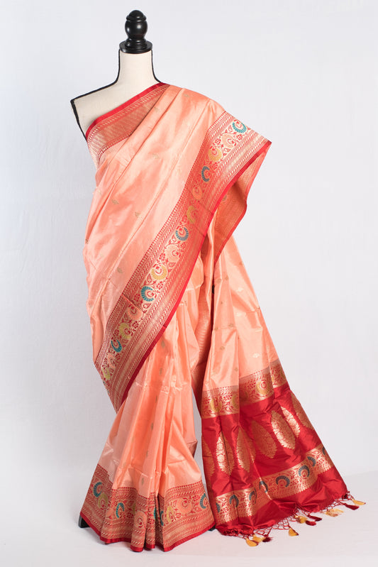 Silk Mark Certified Coral Pink Banarasi Saree with 36 Size Stitched Blouse