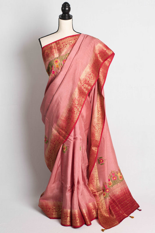 Dola Silk Shaded Embroidery Banarasi Saree in Pink and Red