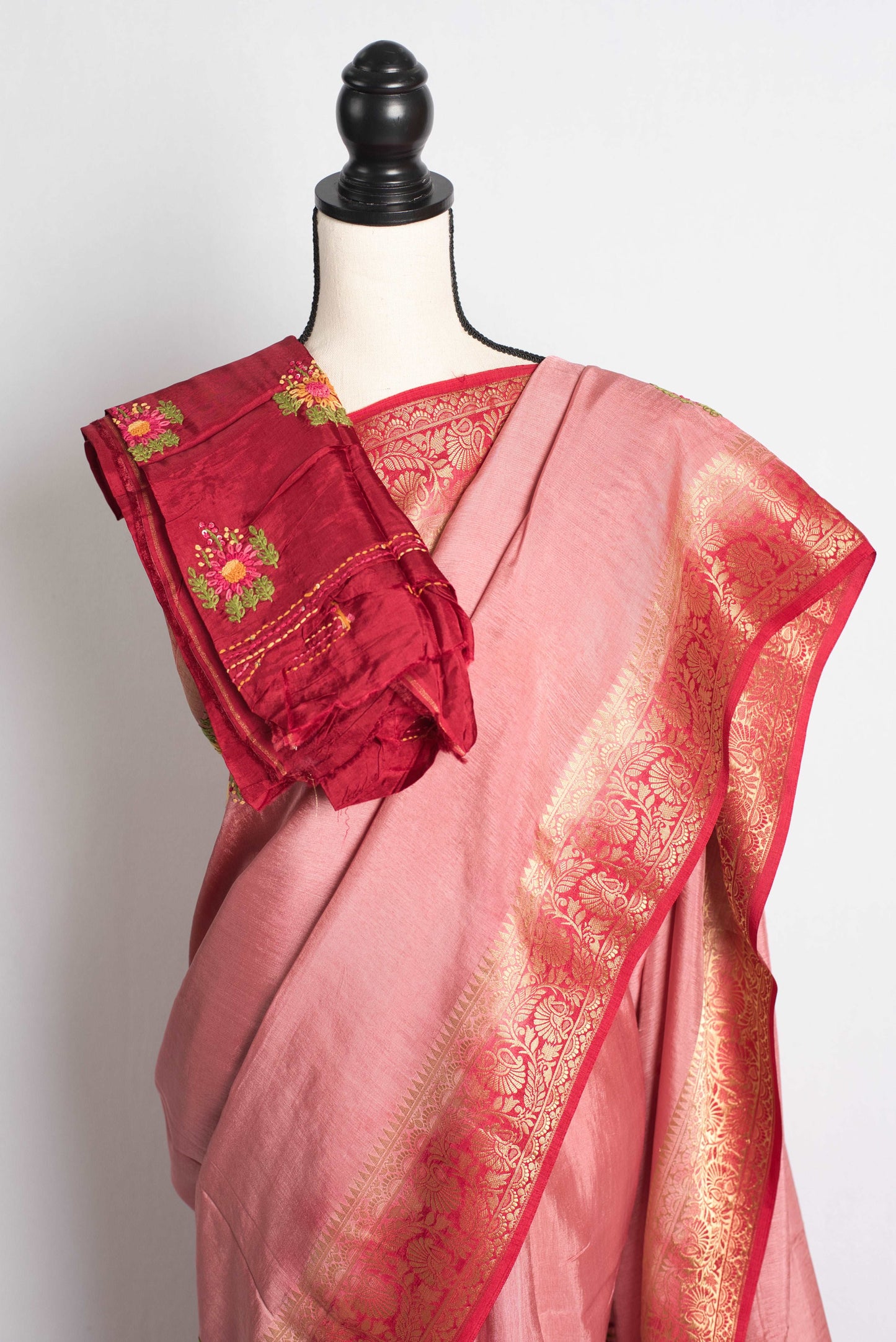 Dola Silk Shaded Embroidery Banarasi Saree in Pink and Red