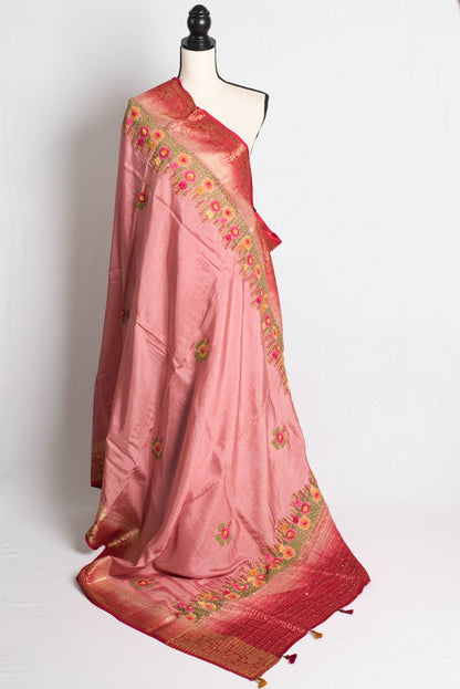 Dola Silk Shaded Embroidery Banarasi Saree in Pink and Red