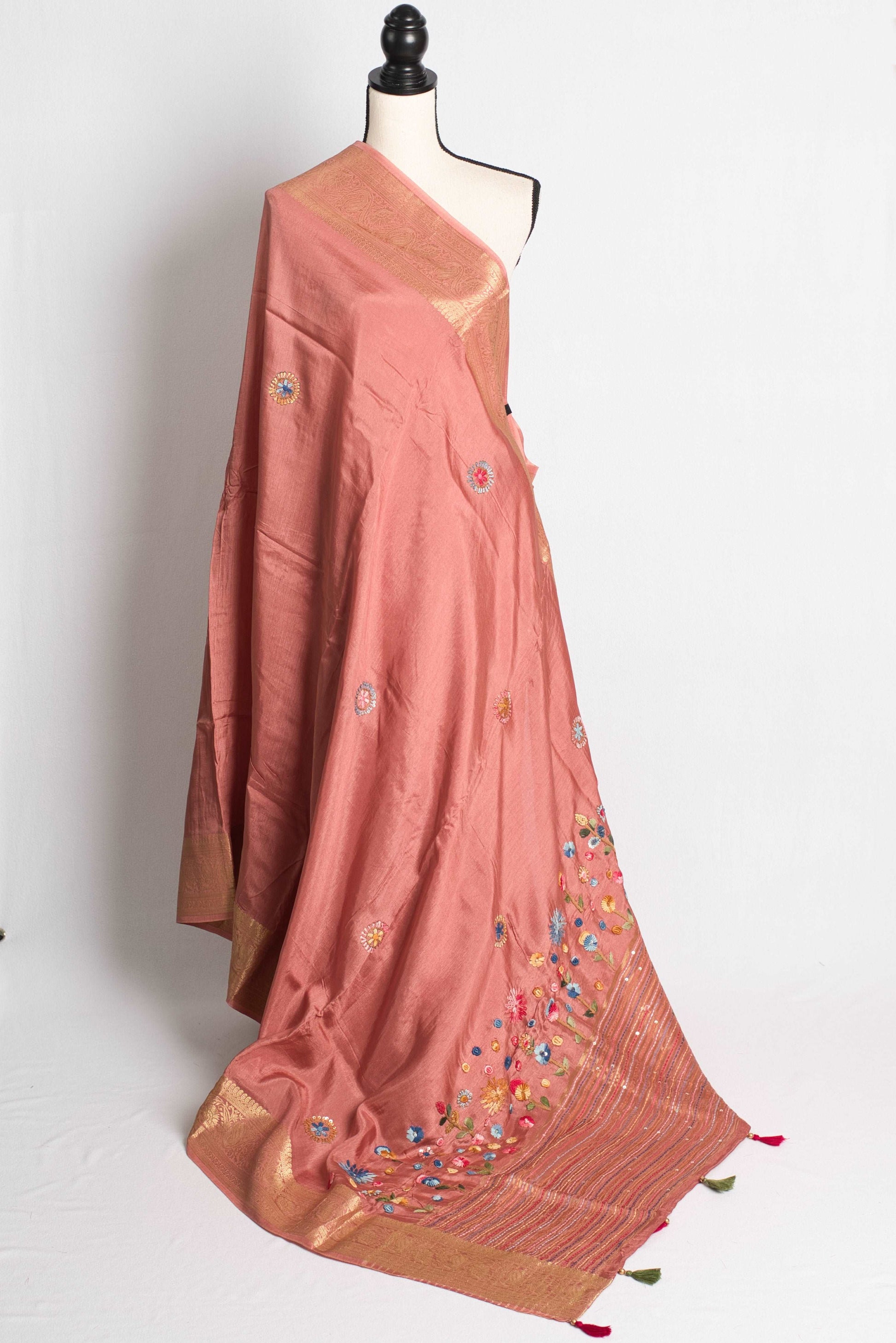 Kashmiri Embroidery Banarasi Saree in Brown and Gold