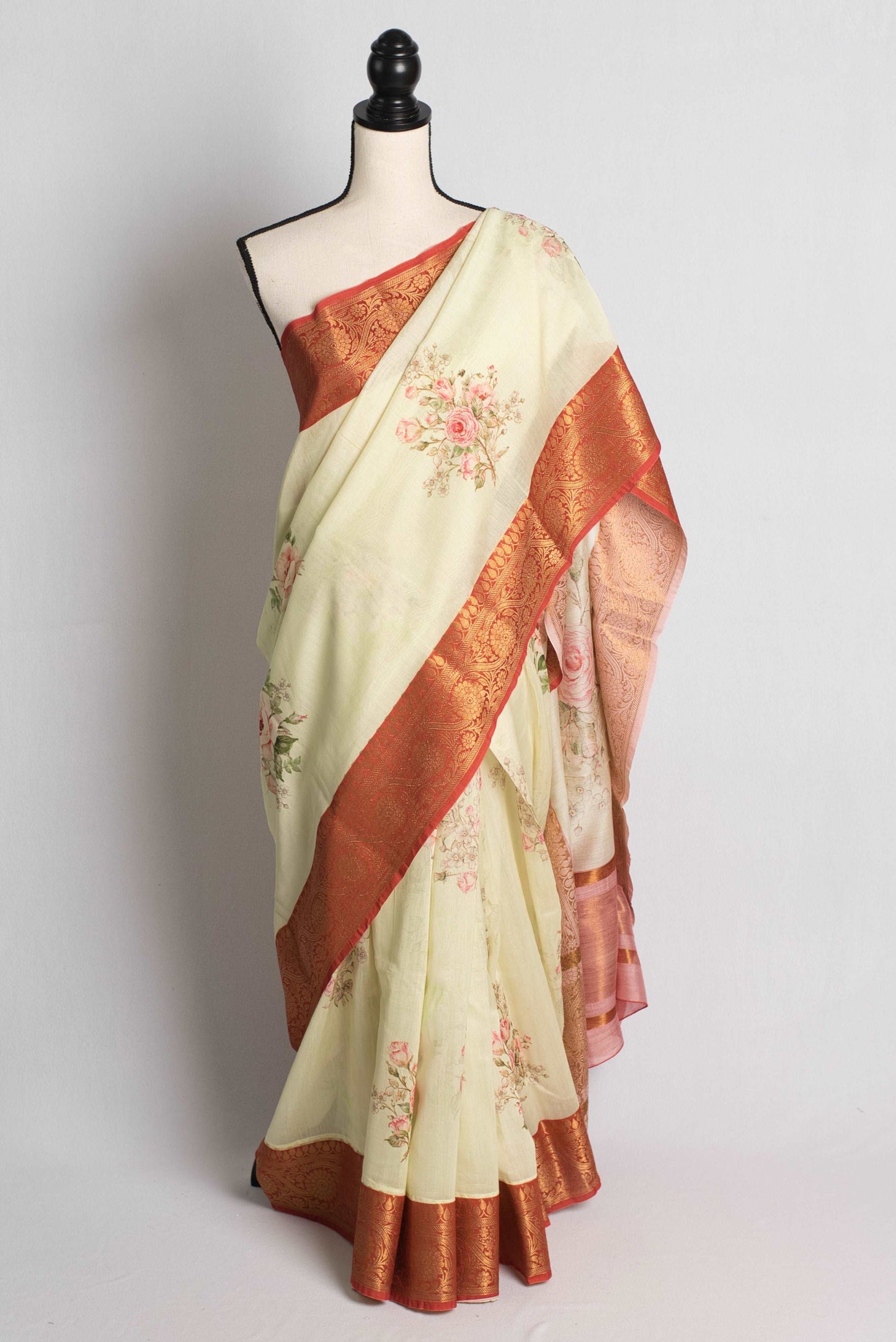 Floral Printed Chanderi Cotton Silk Banarasi Saree in Light Green and Rust