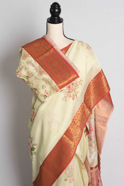 Floral Printed Chanderi Cotton Silk Banarasi Saree in Light Green and Rust