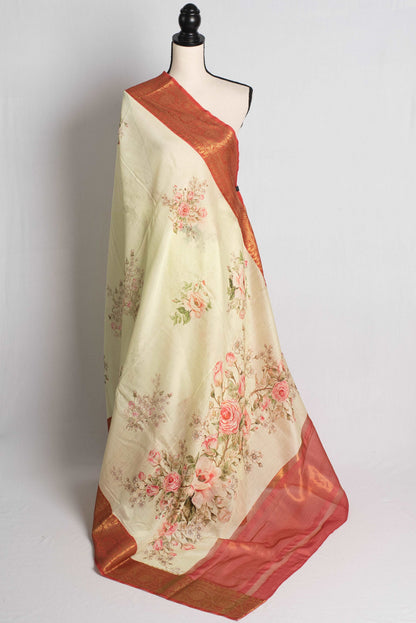 Floral Printed Chanderi Cotton Silk Banarasi Saree in Light Green and Rust