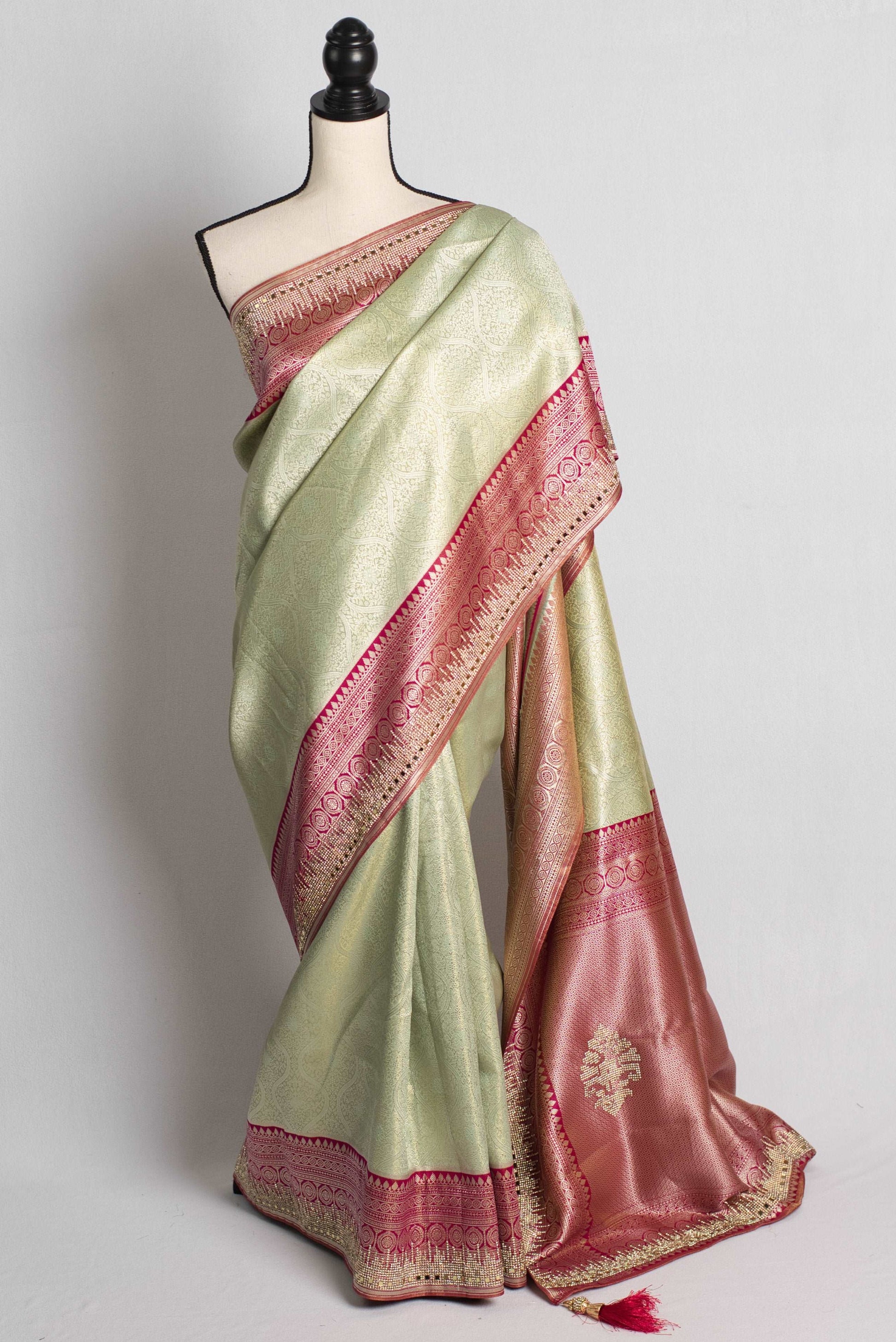 Semi Silk Crystal and Mirror Work Banarasi Saree in Pista Green