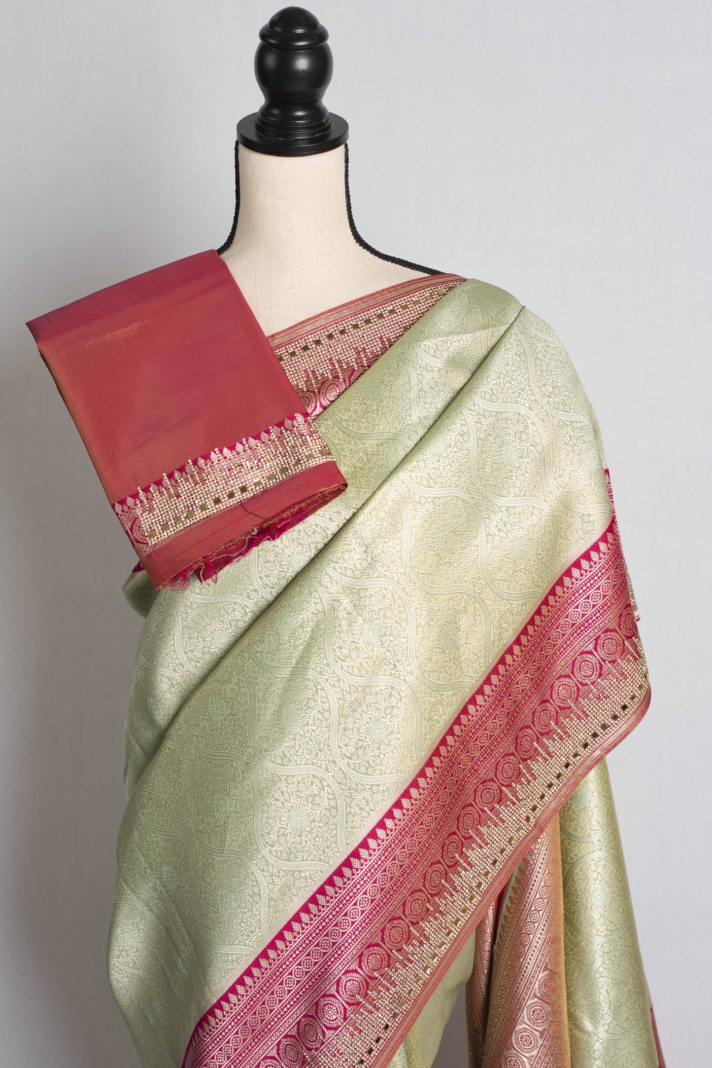 Semi Silk Crystal and Mirror Work Banarasi Saree in Pista Green