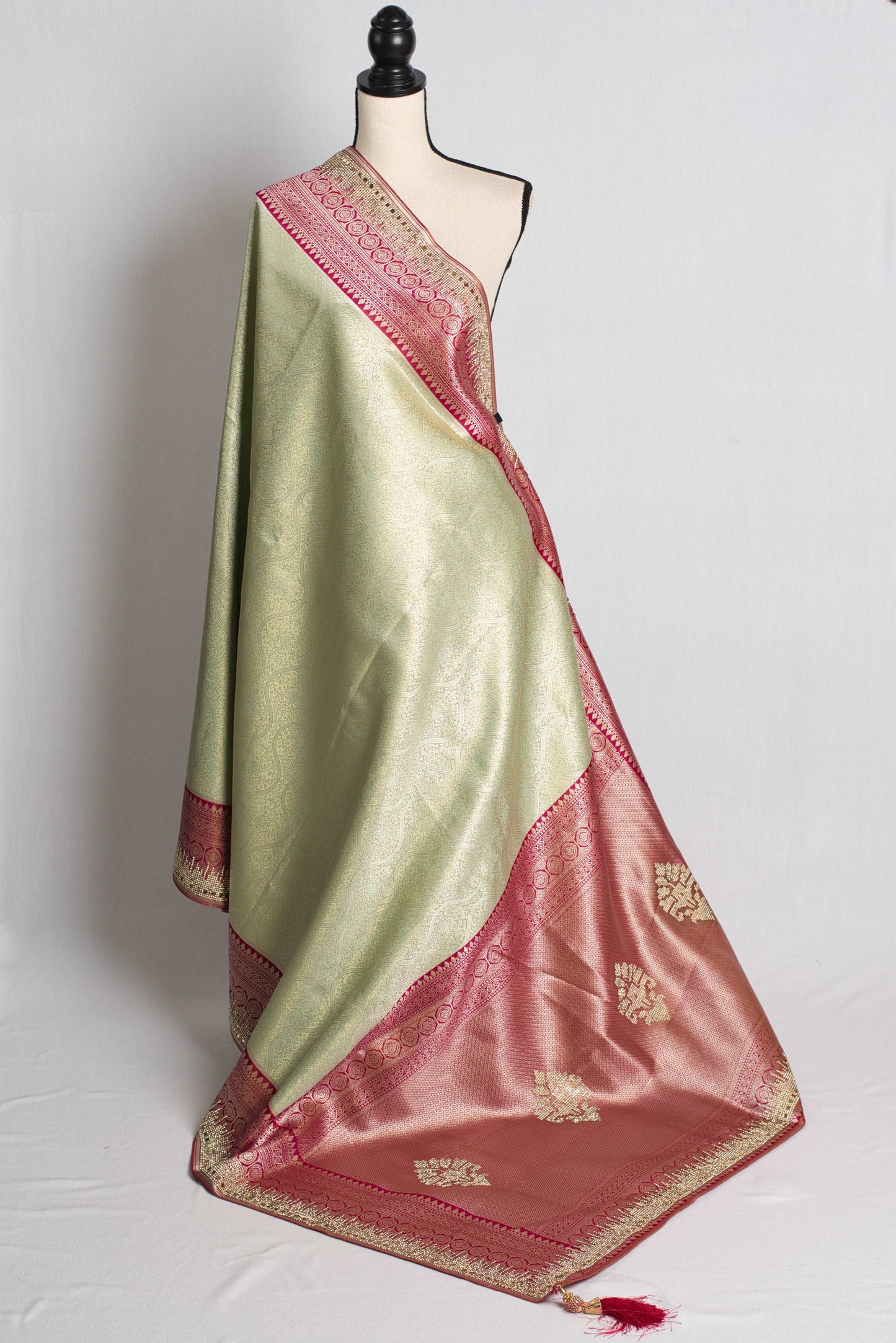 Semi Silk Crystal and Mirror Work Banarasi Saree in Pista Green