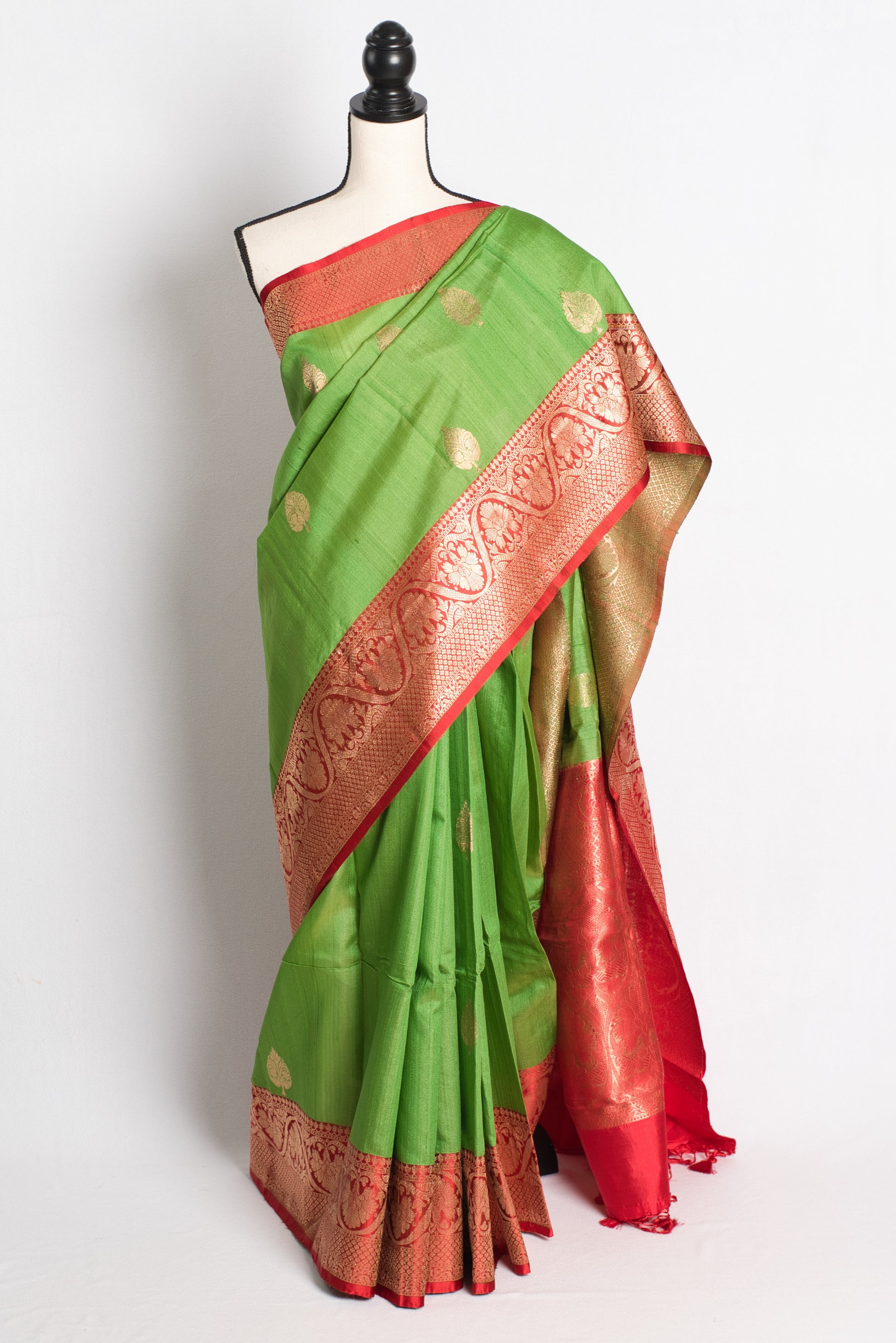 Silk Mark Certified Tussar Banarasi Saree in Parrot Green and Red