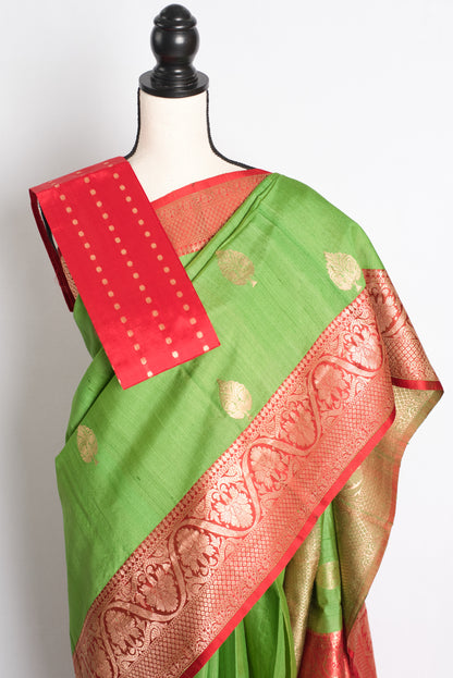 Silk Mark Certified Tussar Banarasi Saree in Parrot Green and Red