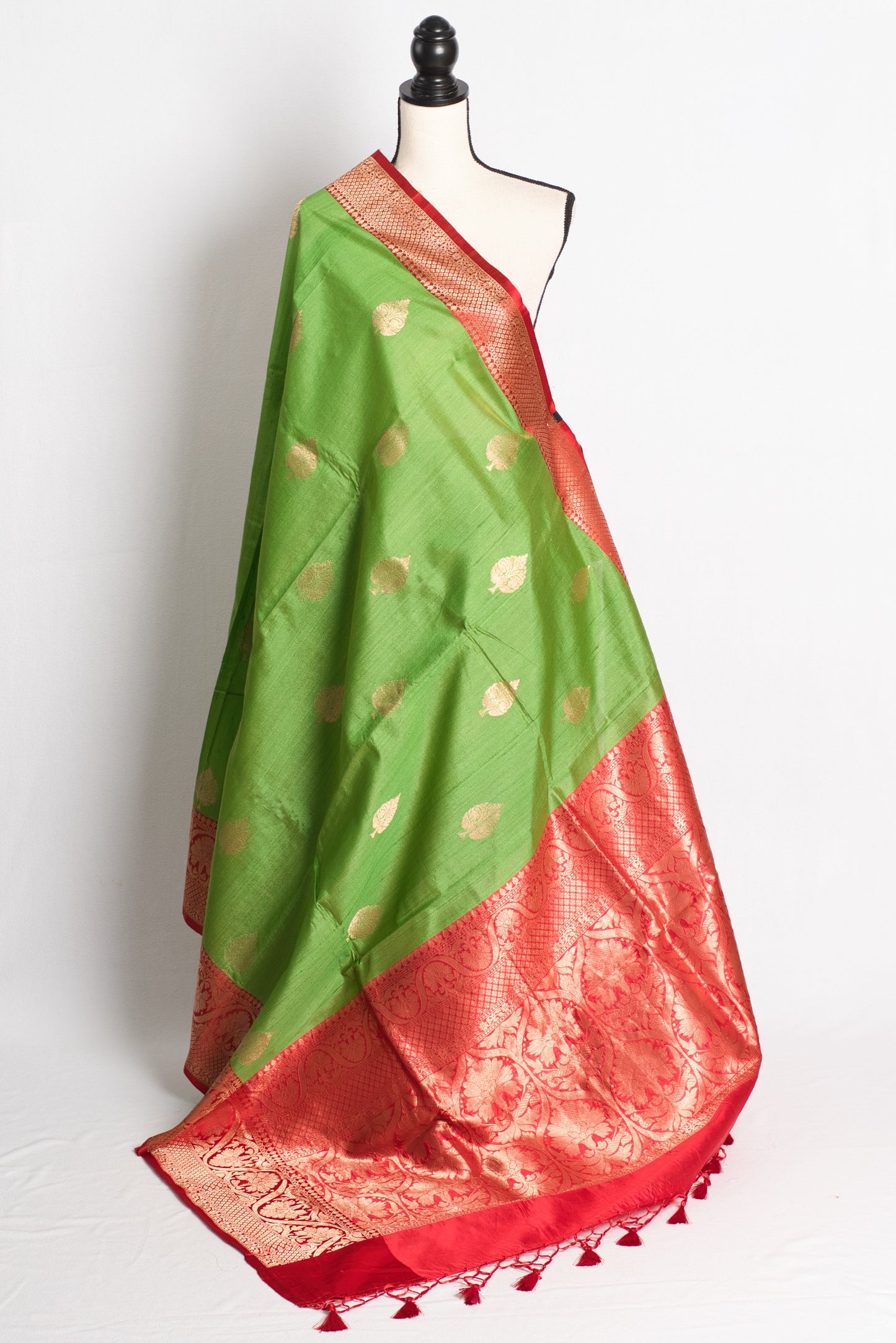 Silk Mark Certified Tussar Banarasi Saree in Parrot Green and Red