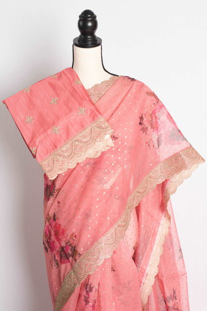 Floral Organza Designer Saree with Golden Border