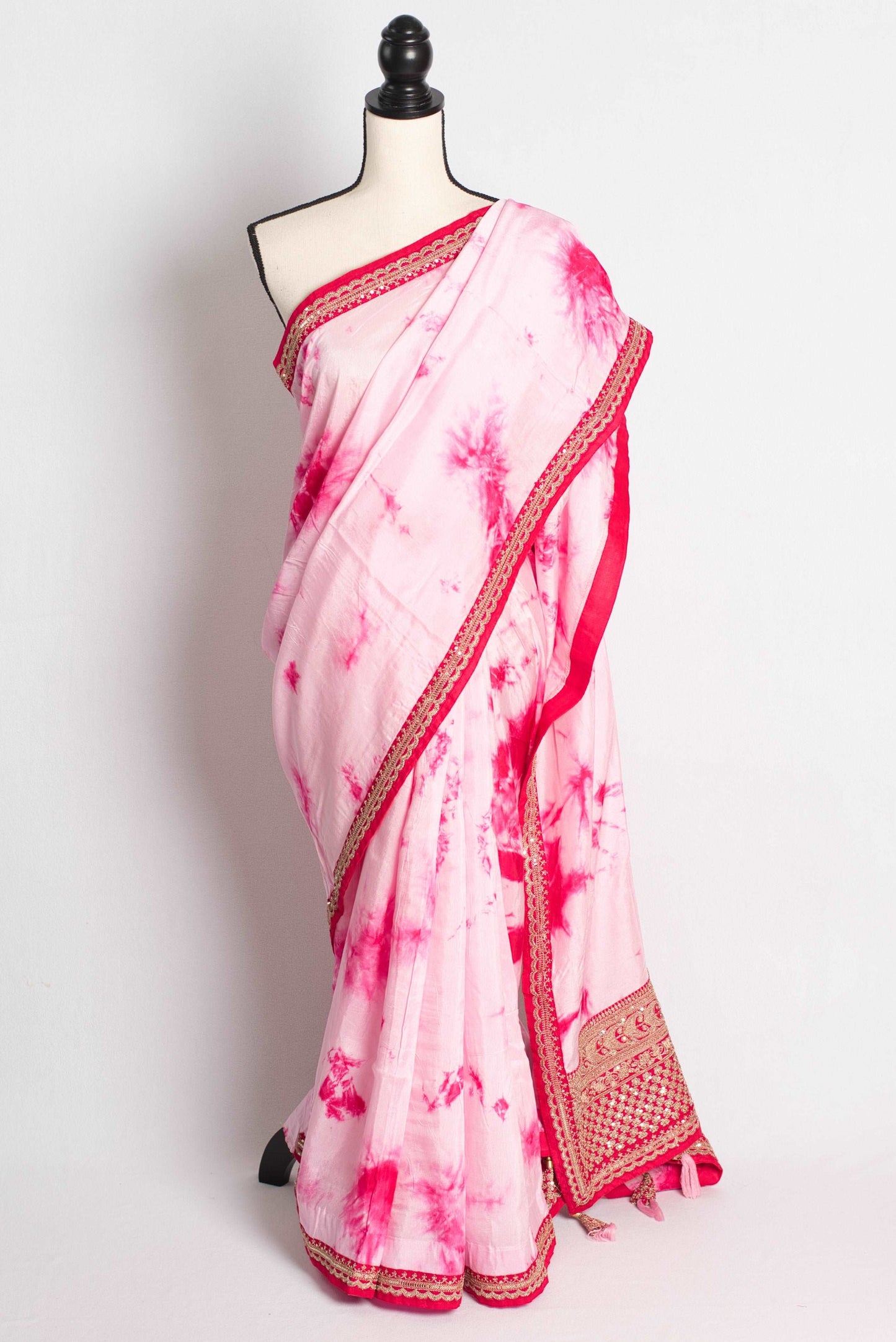 Dola Silk Shibori Cocktail Saree with Zardosi Border in Pink