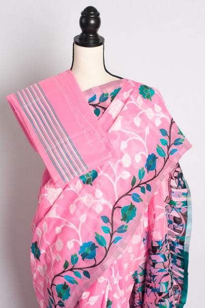 Soft Jamdani Saree in Pink and Blue