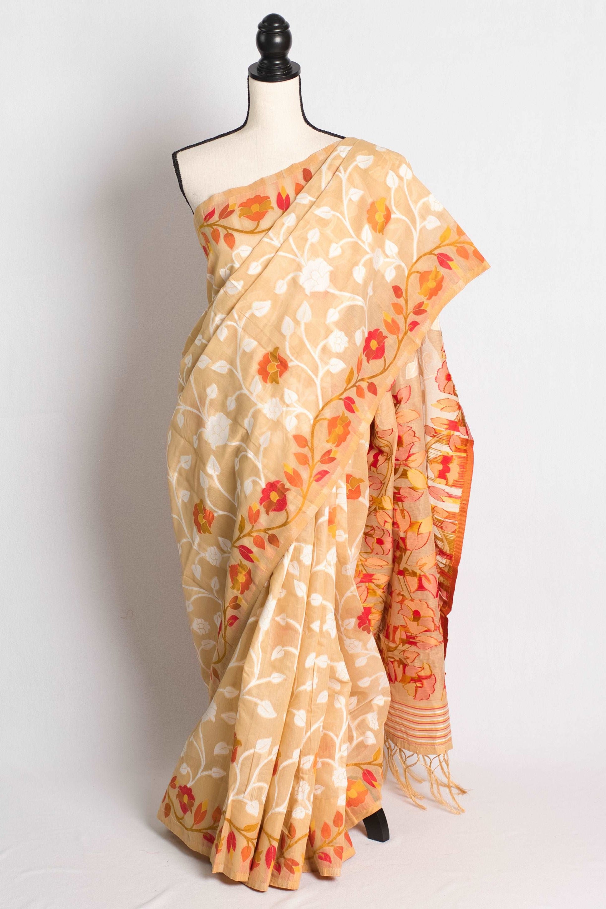 Floral Pattern Soft Jamdani Saree in Brown