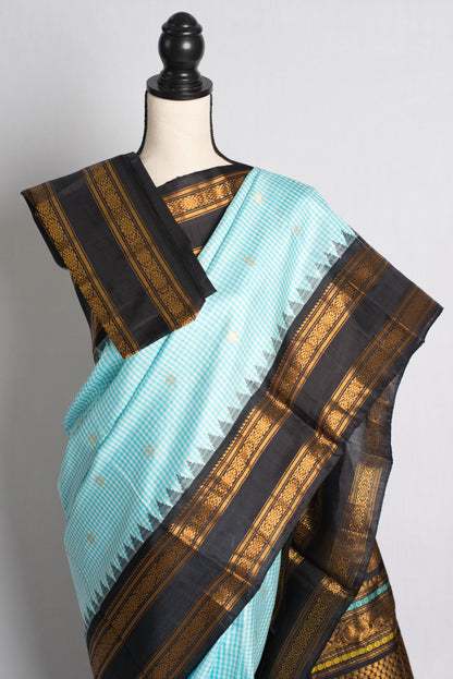 Silk Mark Certified Micro Checks Blue Kanji Gadwal Silk Saree