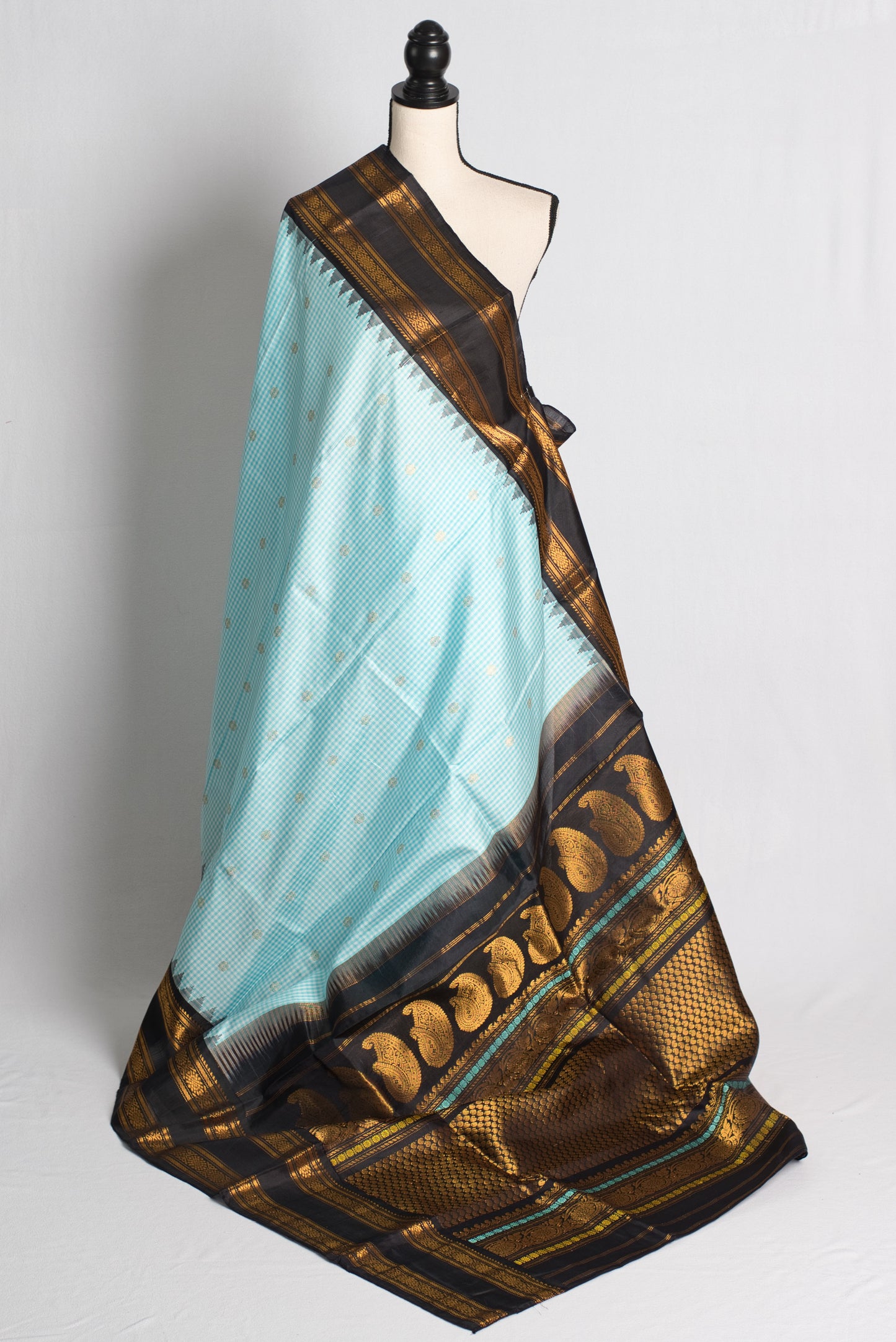 Silk Mark Certified Micro Checks Blue Kanji Gadwal Silk Saree