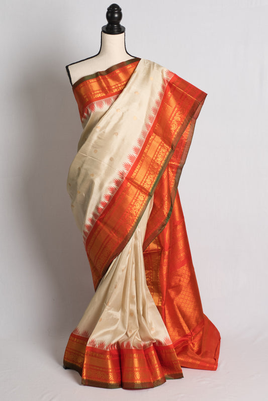 Silk Mark Certified Cream and Orange Gadwal Silk Saree