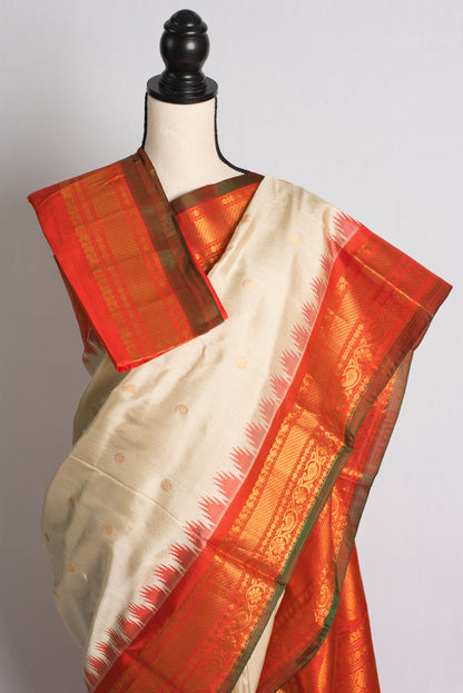 Silk Mark Certified Cream and Orange Gadwal Silk Saree