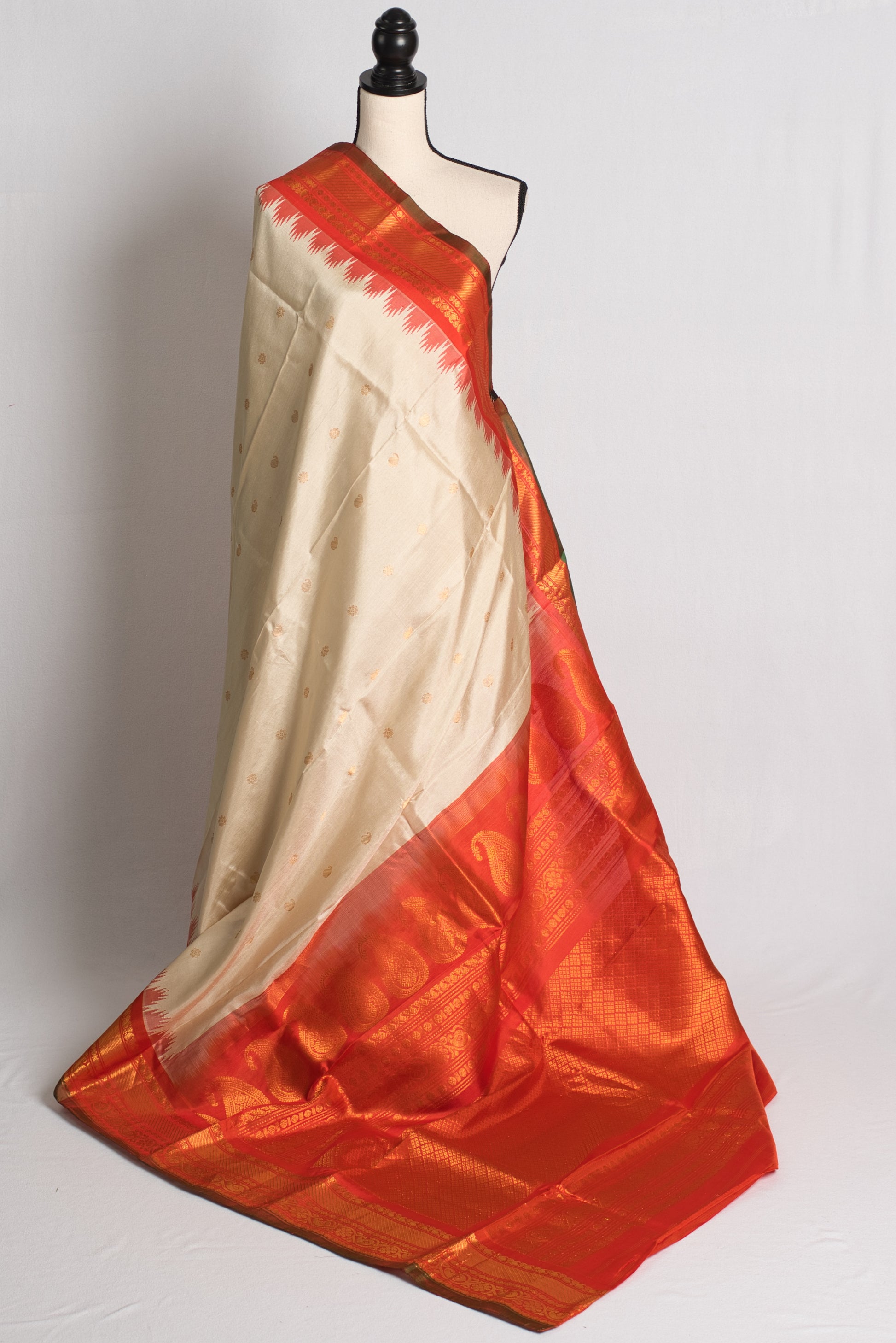 Silk Mark Certified Cream and Orange Gadwal Silk Saree