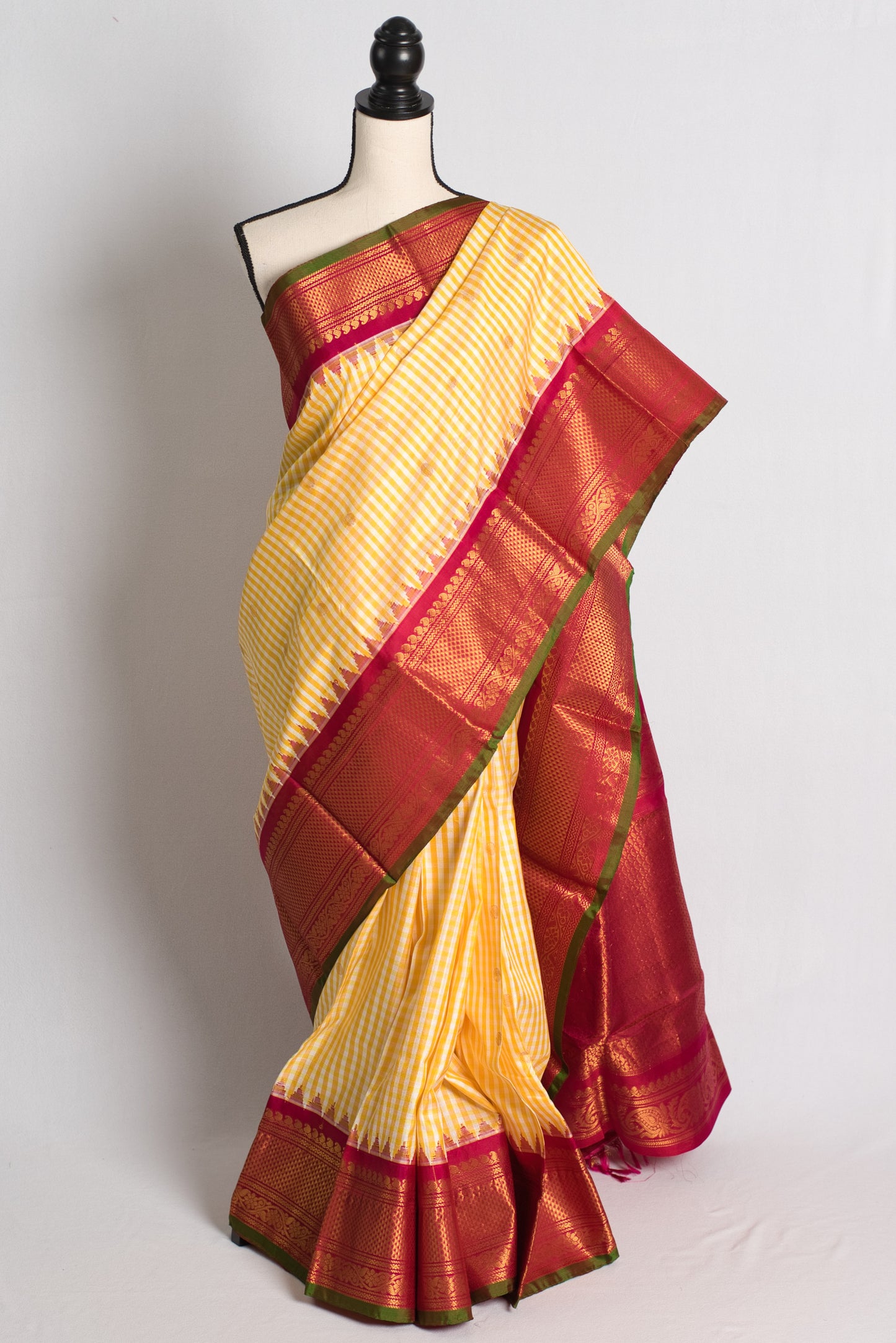 Silk Mark Certified Micro Checks Yellow Kanji Gadwal Silk Saree